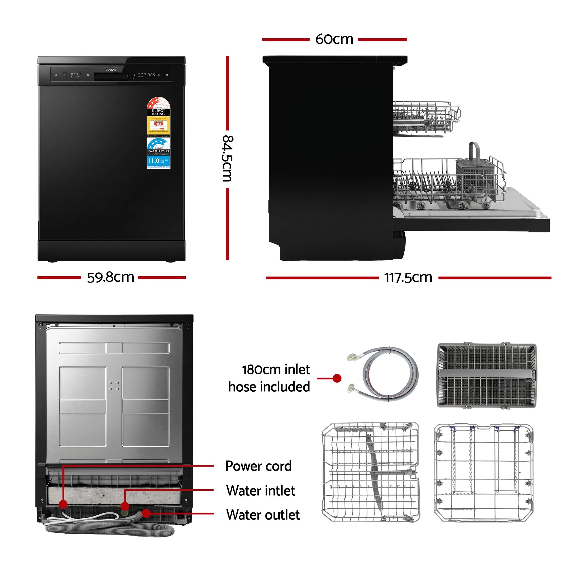 2 Devanti 12 Place Settings Dishwasher 55cm Freestanding Benchtop Built-In - Black, 2 of 10