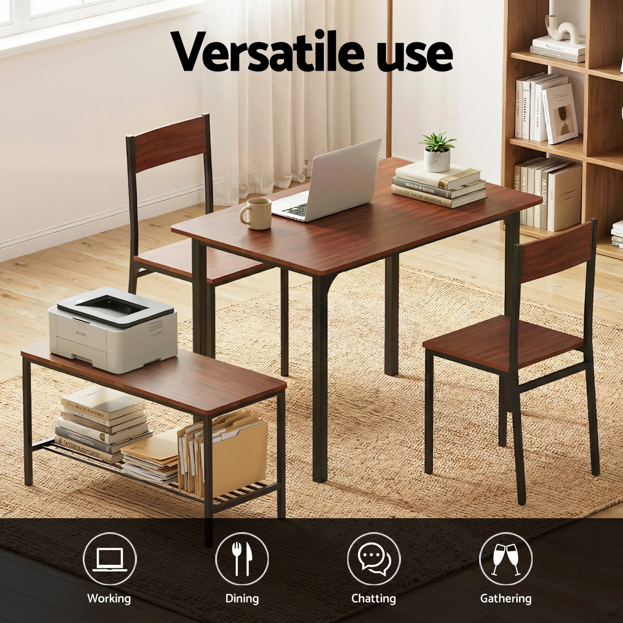 2 Artiss Dining Table and Chairs Set of 4 Storage Bench Kitchen Furniture - Brown, 2 of 6