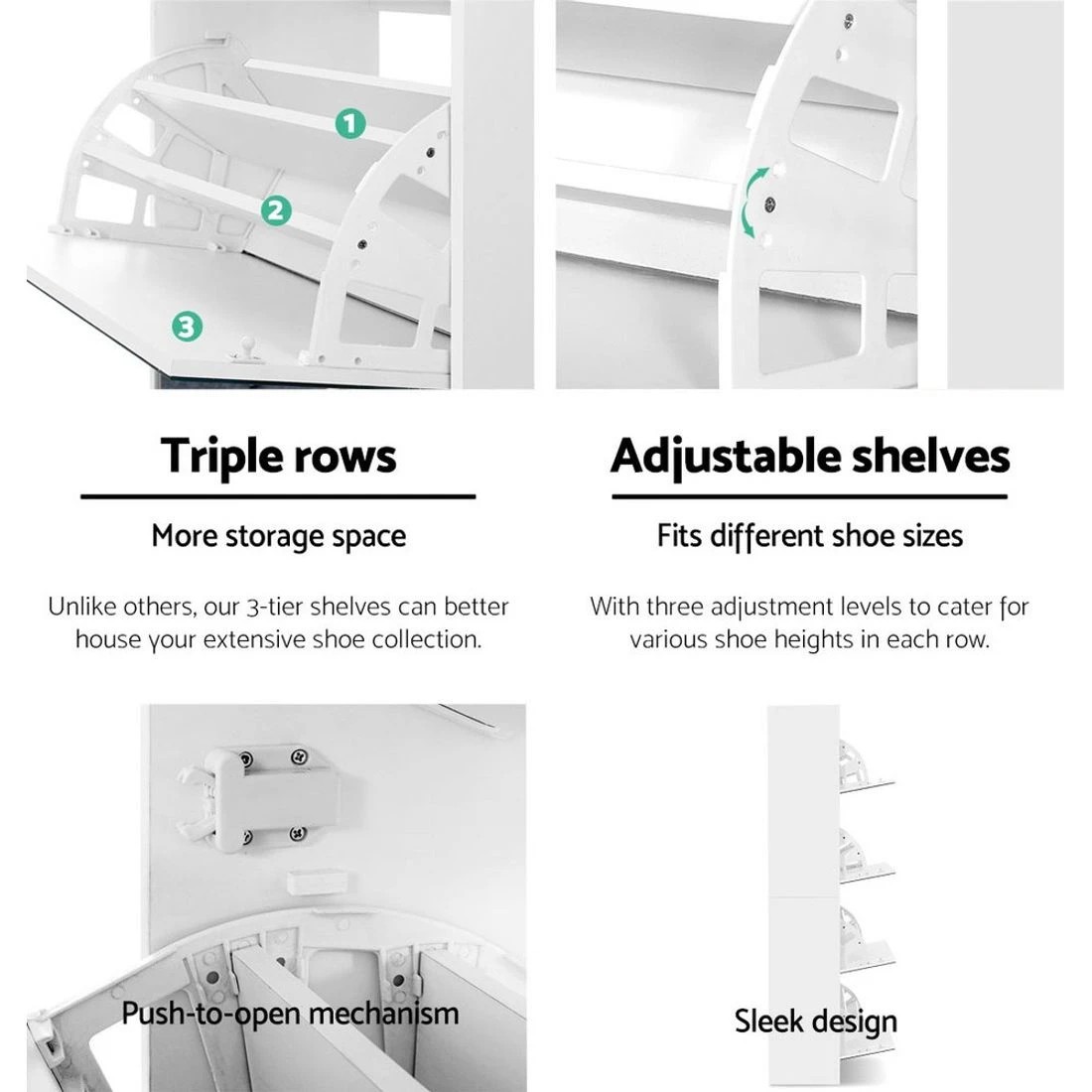 8 Artiss Shoe Rack Cabinet Mirror 60 Pairs White Rira - White, 8 of 8
