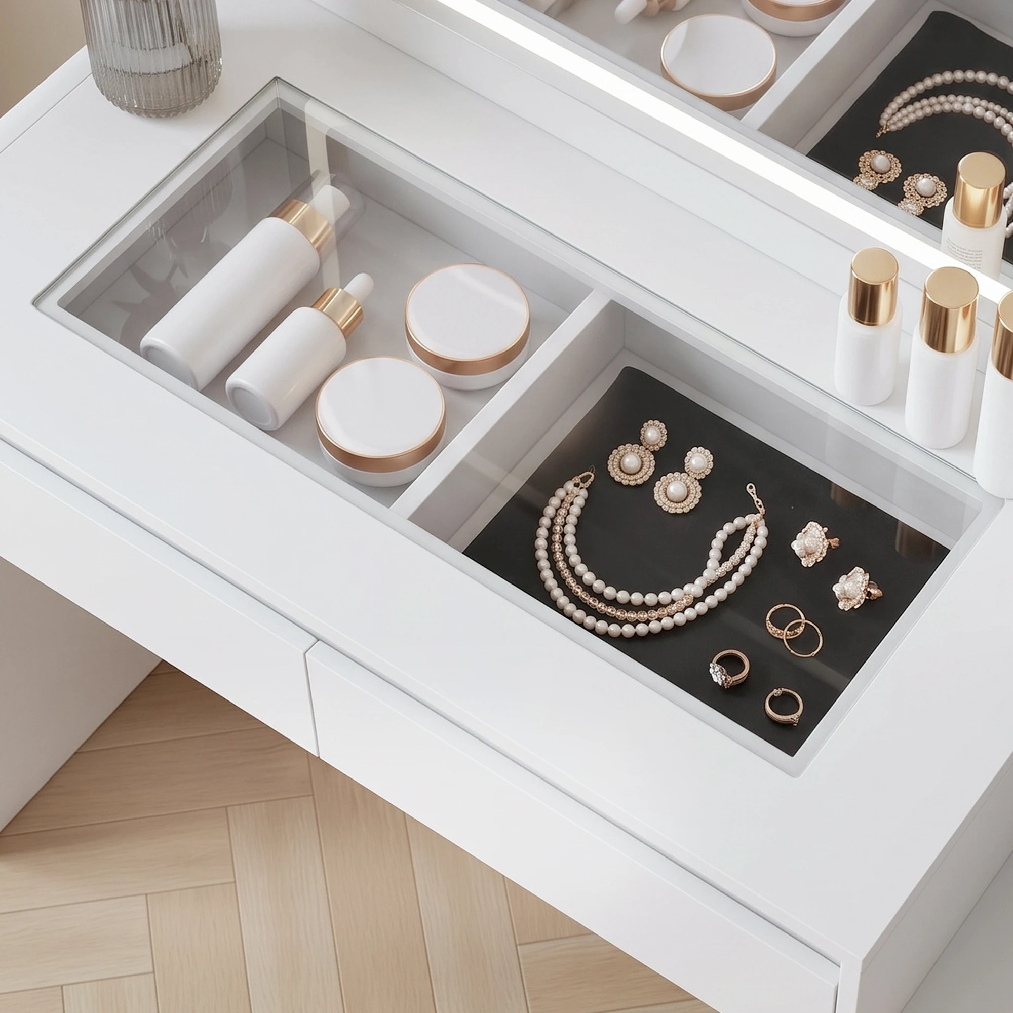 8 Artiss Dressing Table Makeup Vanity Desk LED Mirror Drawers Charging Station Curved Edge- White, 8 of 10