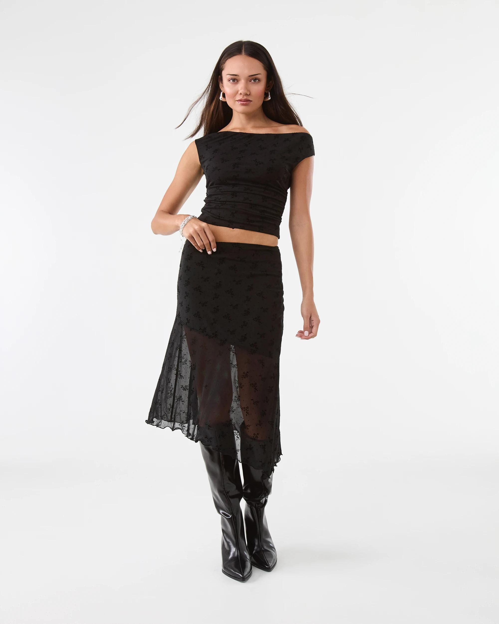 2 Burnout Mesh Asymmetric Skirt Black, 2 of 8