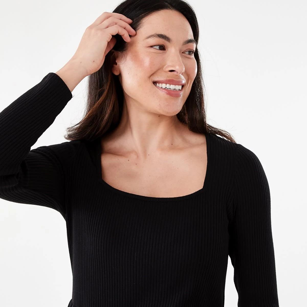 4 Long Sleeve Knit Woven Midi Dress Black, 4 of 7