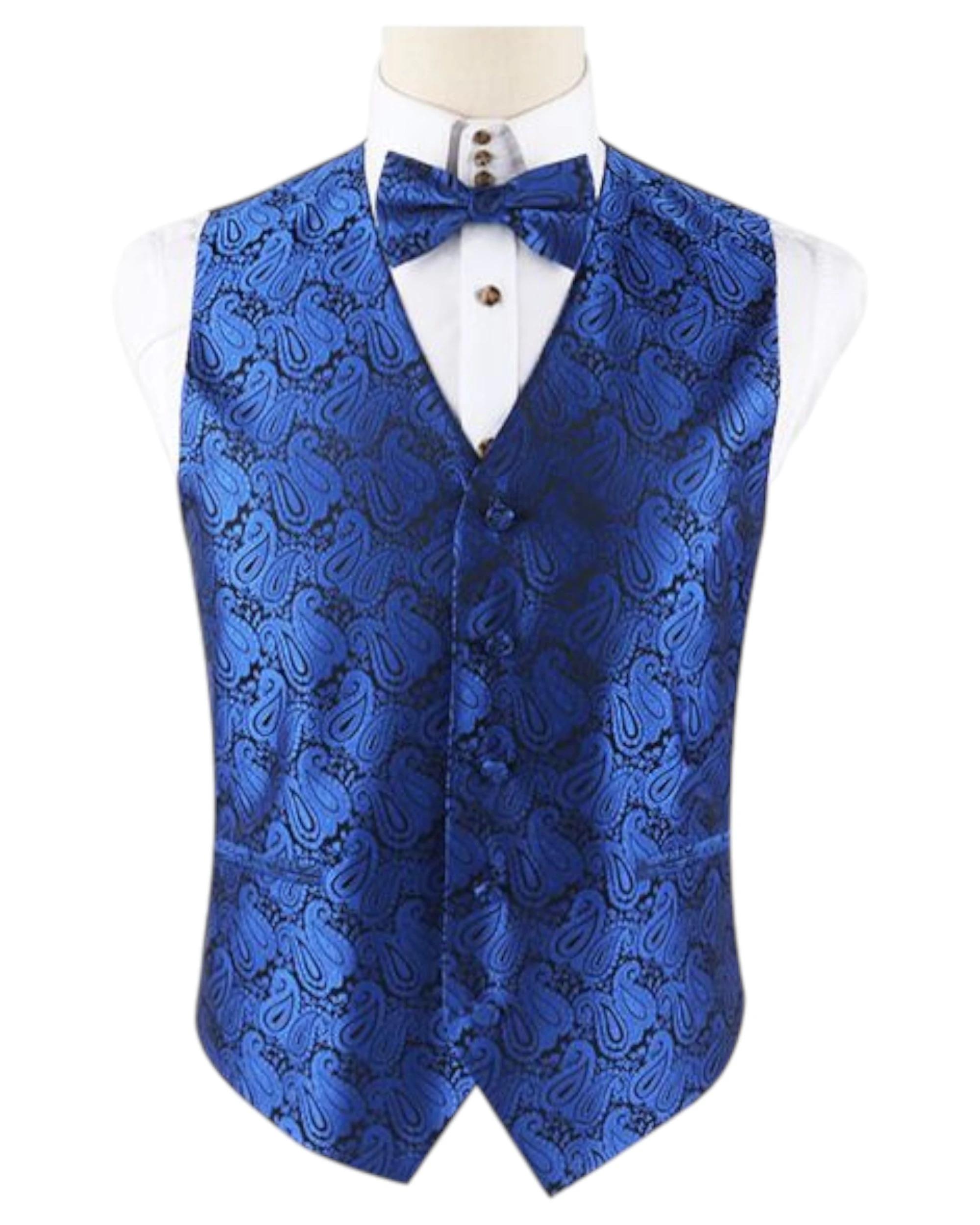 1 Zasel Mens Boho Paisley Patterned Vest Waistcoat & Matching Bow Tie ROYAL BLUE, 1 of 1
