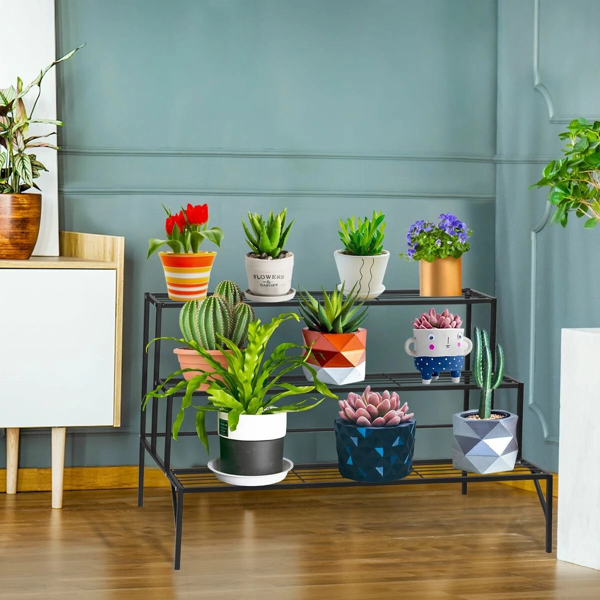 3 AUSWAY Plant Stand Black 3 Tiers Metal Flower Shelf Pot Holder Corner Planter, 3 of 4