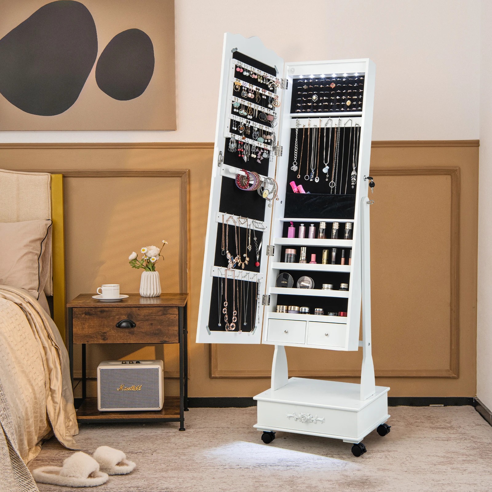 3 Costway Mobile Mirror Jewellery Cabinet Makeup Jewelry Storage Organizer Box w/LED Drawers - White, 3 of 5