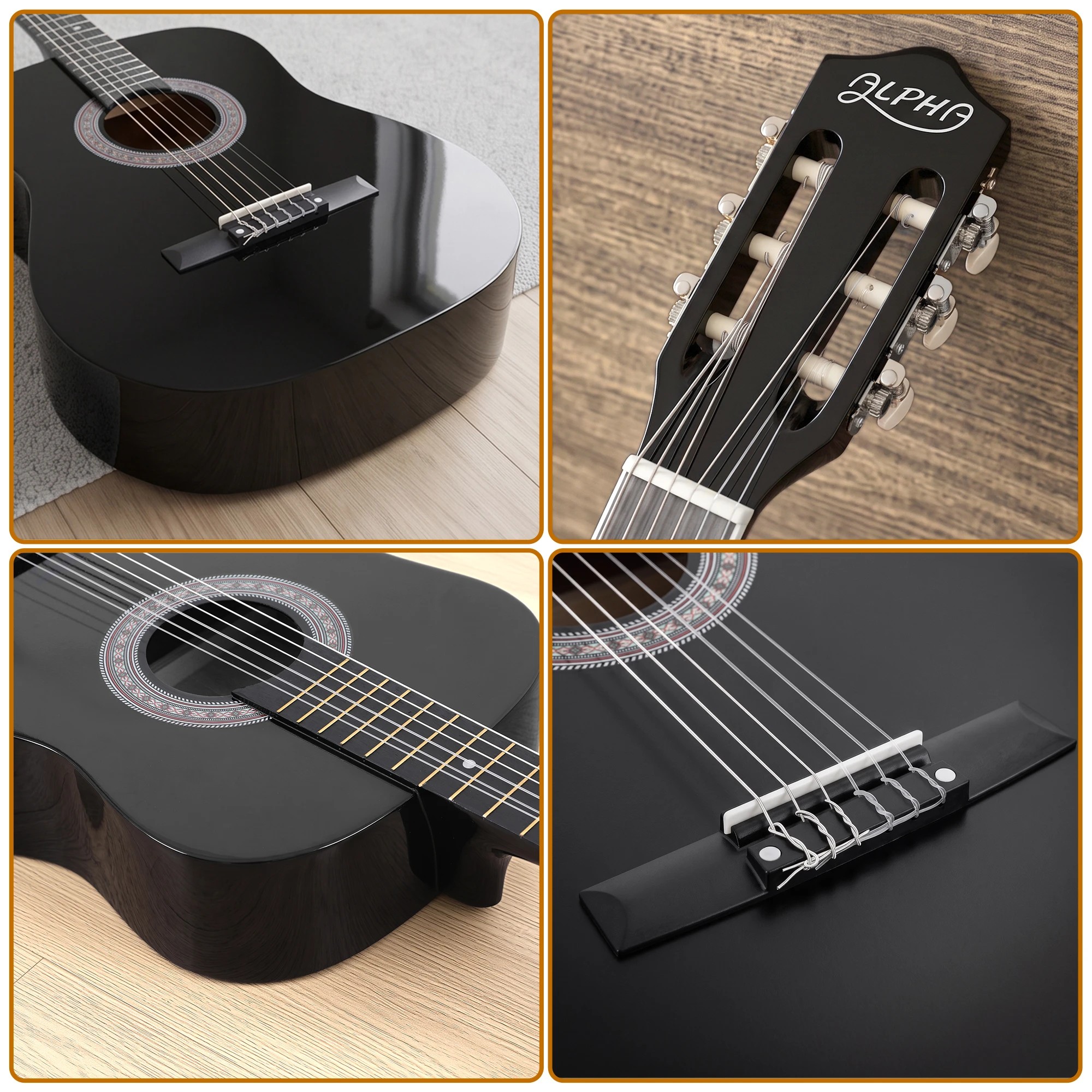 8 Alpha 38 Inch Acoustic Guitar Full Size Classical Cutaway Nylon String - Black, 8 of 9