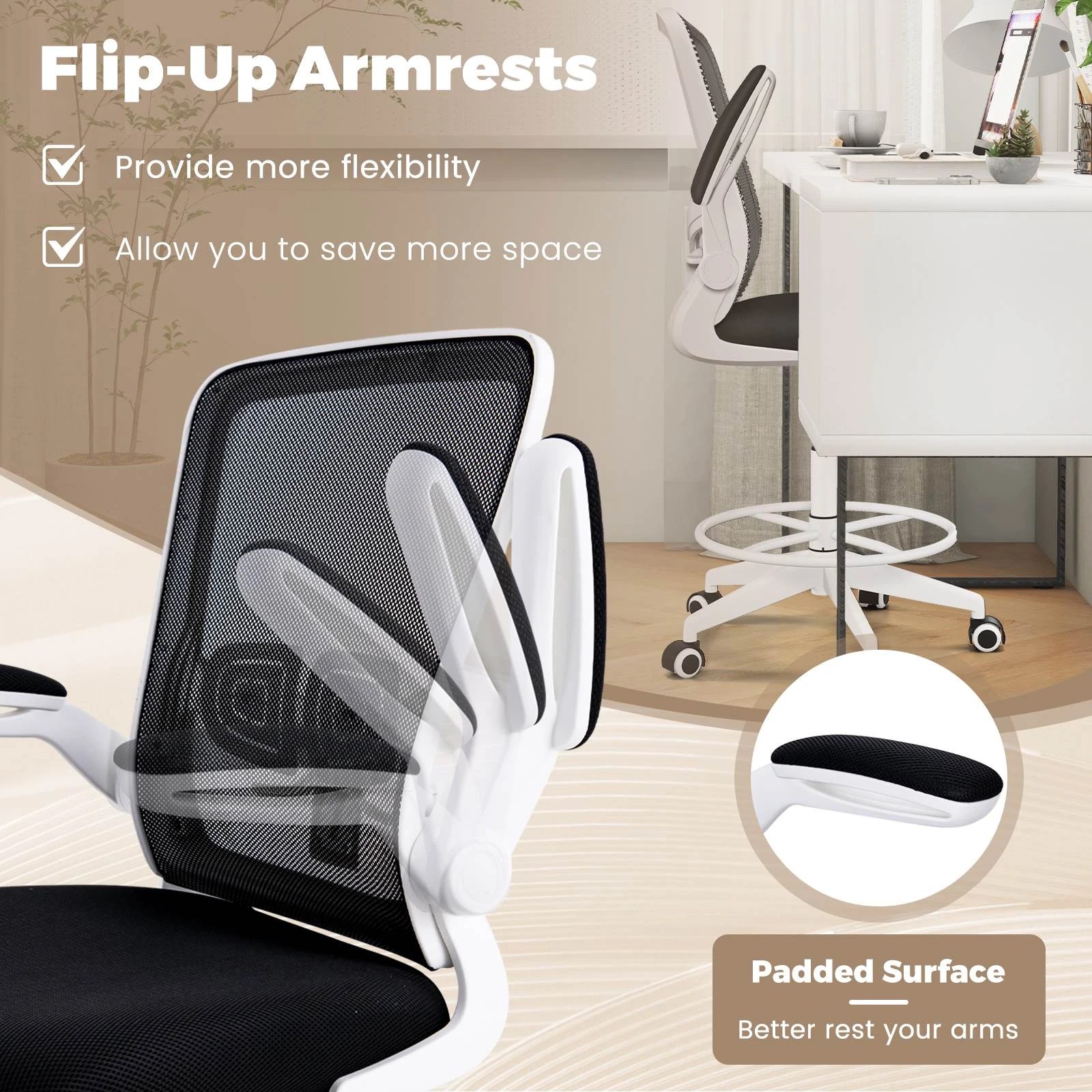 2 Costway Mesh Drafting Chair Office Chair Gaming Desk Chair Adjustable Height, 2 of 10