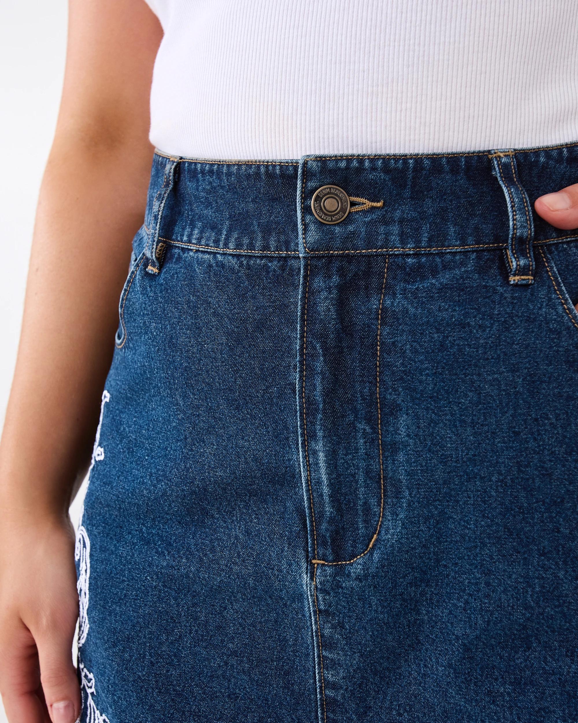 4 Embroidered Denim Mini Skirt Dark Wash, 4 of 10