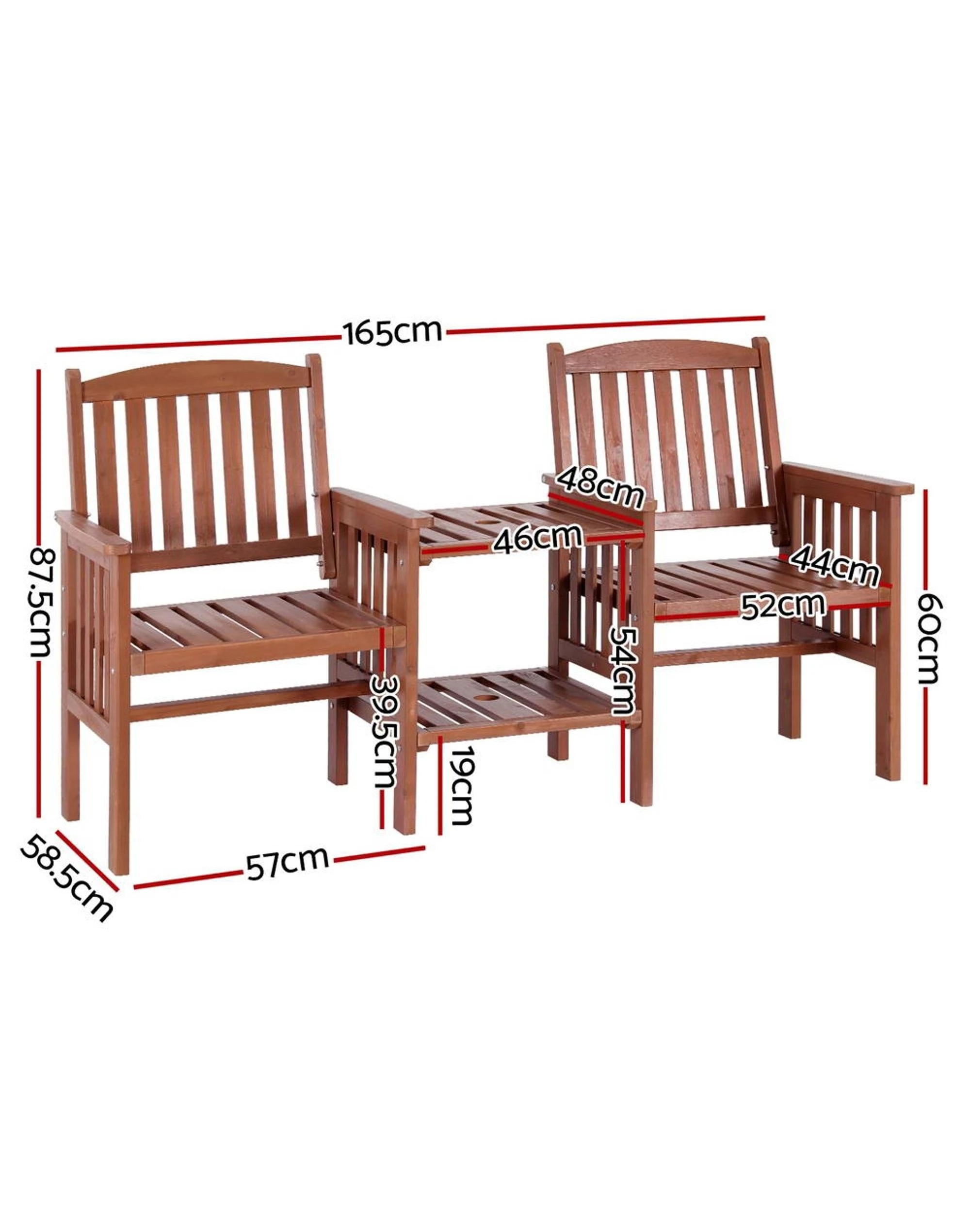 2 Gardeon Outdoor Garden Bench Loveseat Wooden Table Chairs Patio Furniture - Brown, 2 of 4