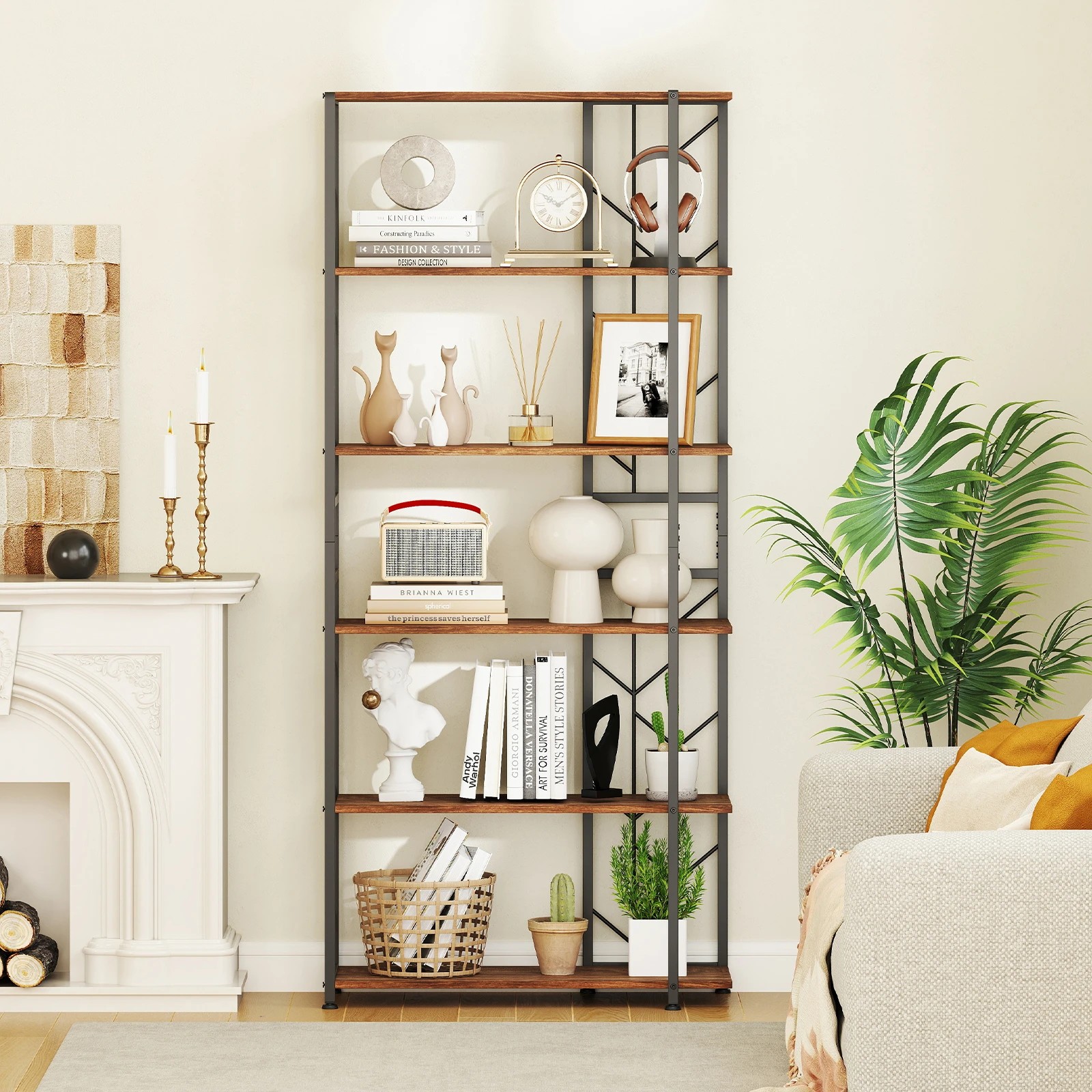 1 Costway 6-Tier Bookshelf Modern Geometric Bookcase w/2 Anti-tipping Kits Display Storage Rack - Brown, 1 of 3