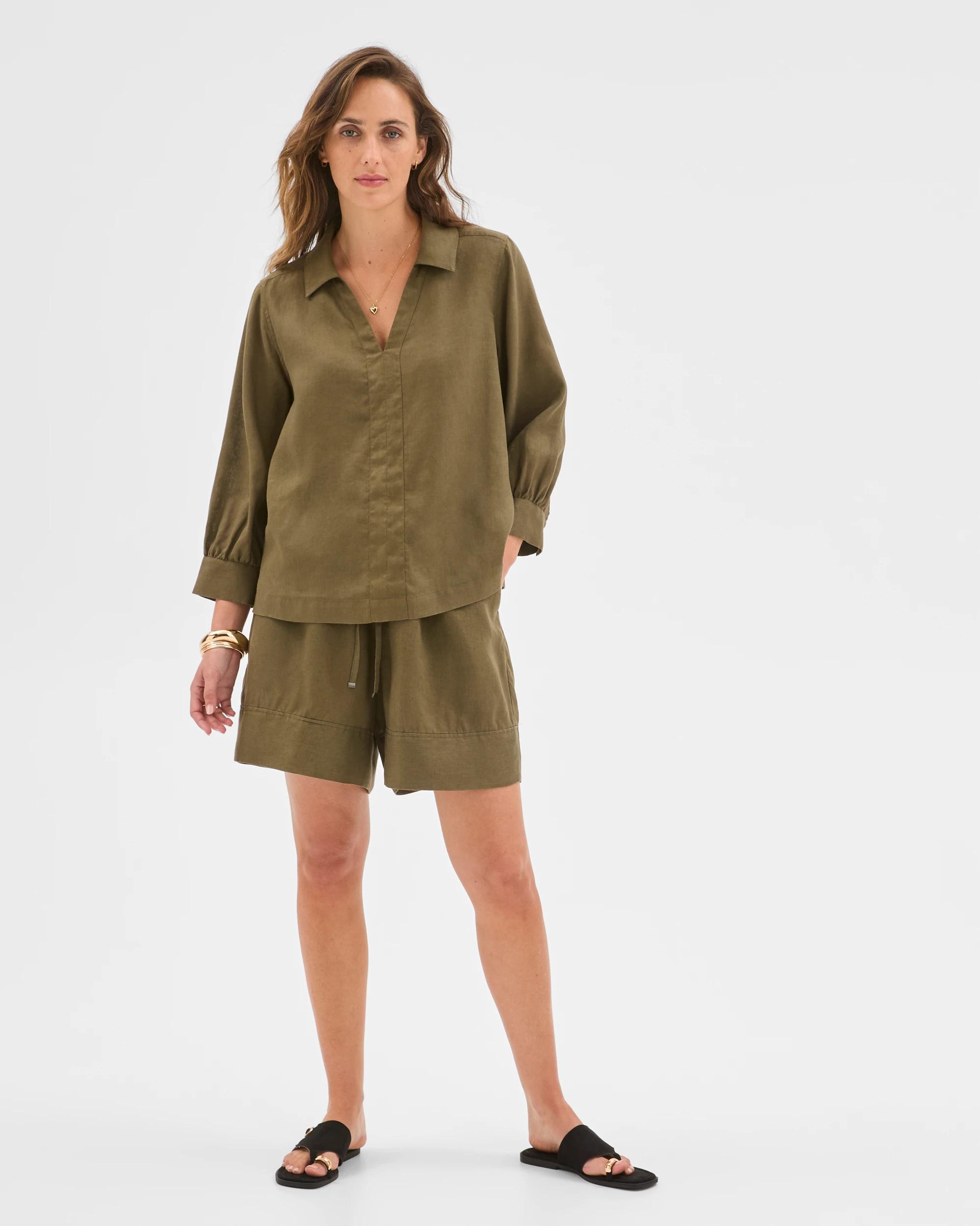 1 Target Woman European Linen Long Sleeve Popover Top DUSTY MOSS, 1 of 5