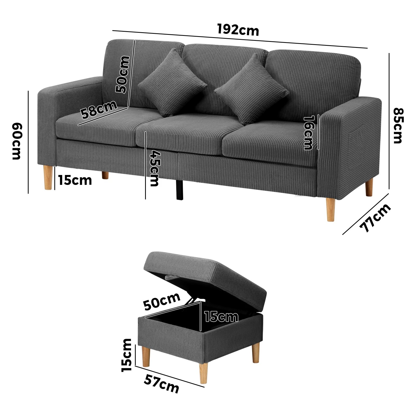 6 Oikiture Sofa Lounge Set Modular Couch 3 Seater Corner Chaise Ottoman Velvet
 - Grey, 6 of 10