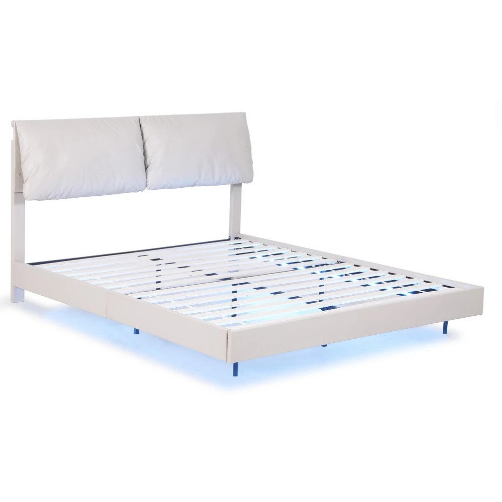 1 Artiss Queen Bed Frame RGB LED Floating Beds Adjustable Headboard - White, 1 of 9