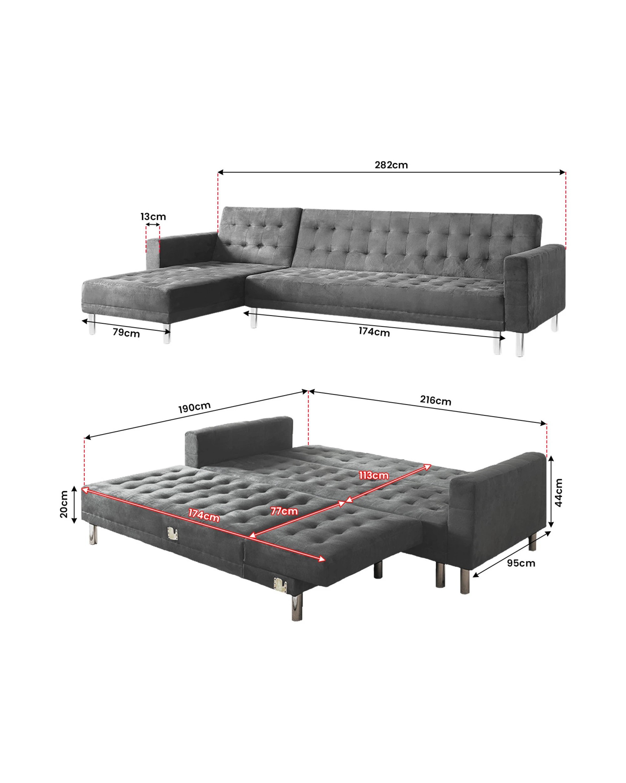 1 Sarantino Faux Velvet Corner Wooden Sofa Bed Couch With Chaise - Grey, 1 of 4