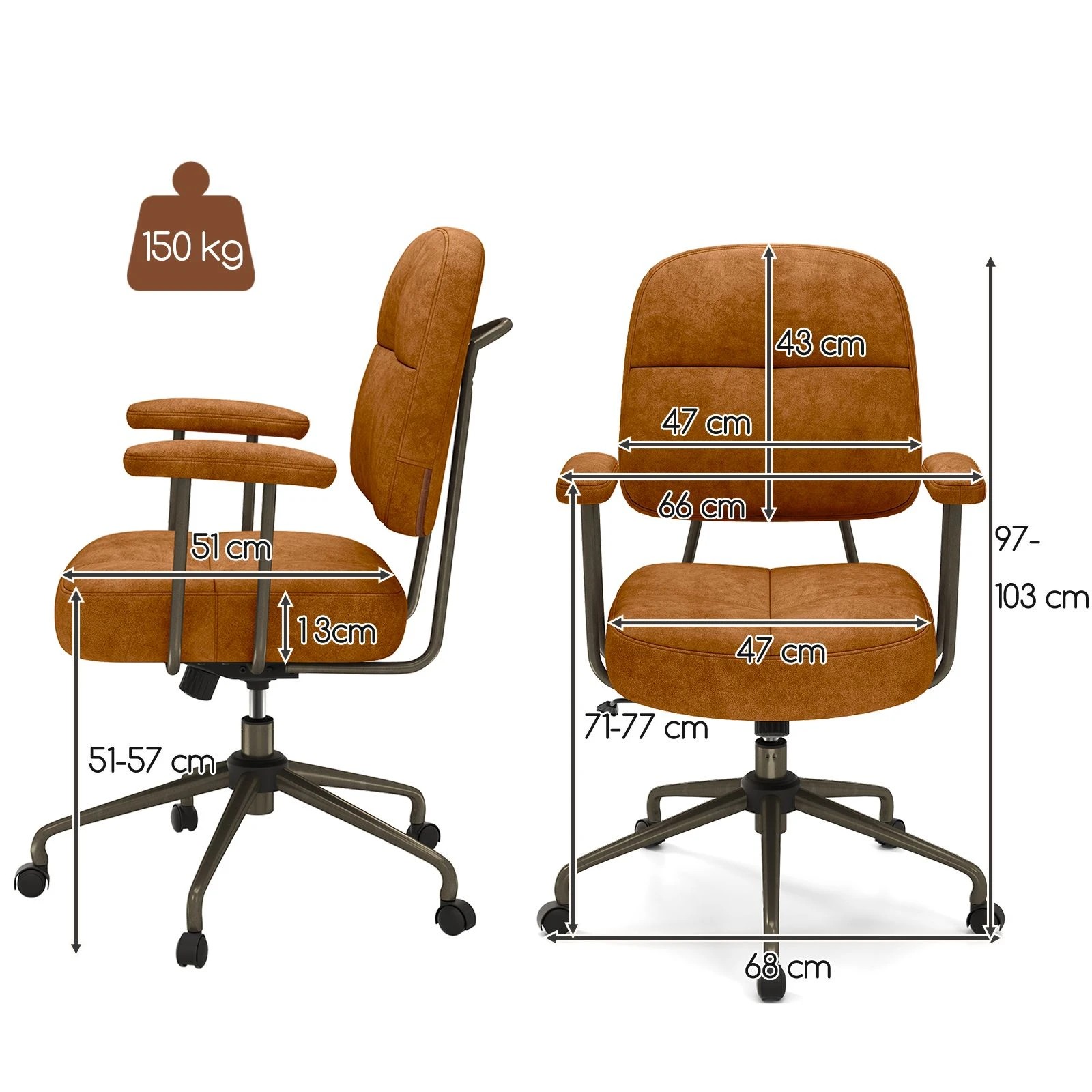 4 Costway Home Office Chair Upholstered Task Chair w/Cushioned Back & Padded Armrests Swivel Chair - Brown, 4 of 4