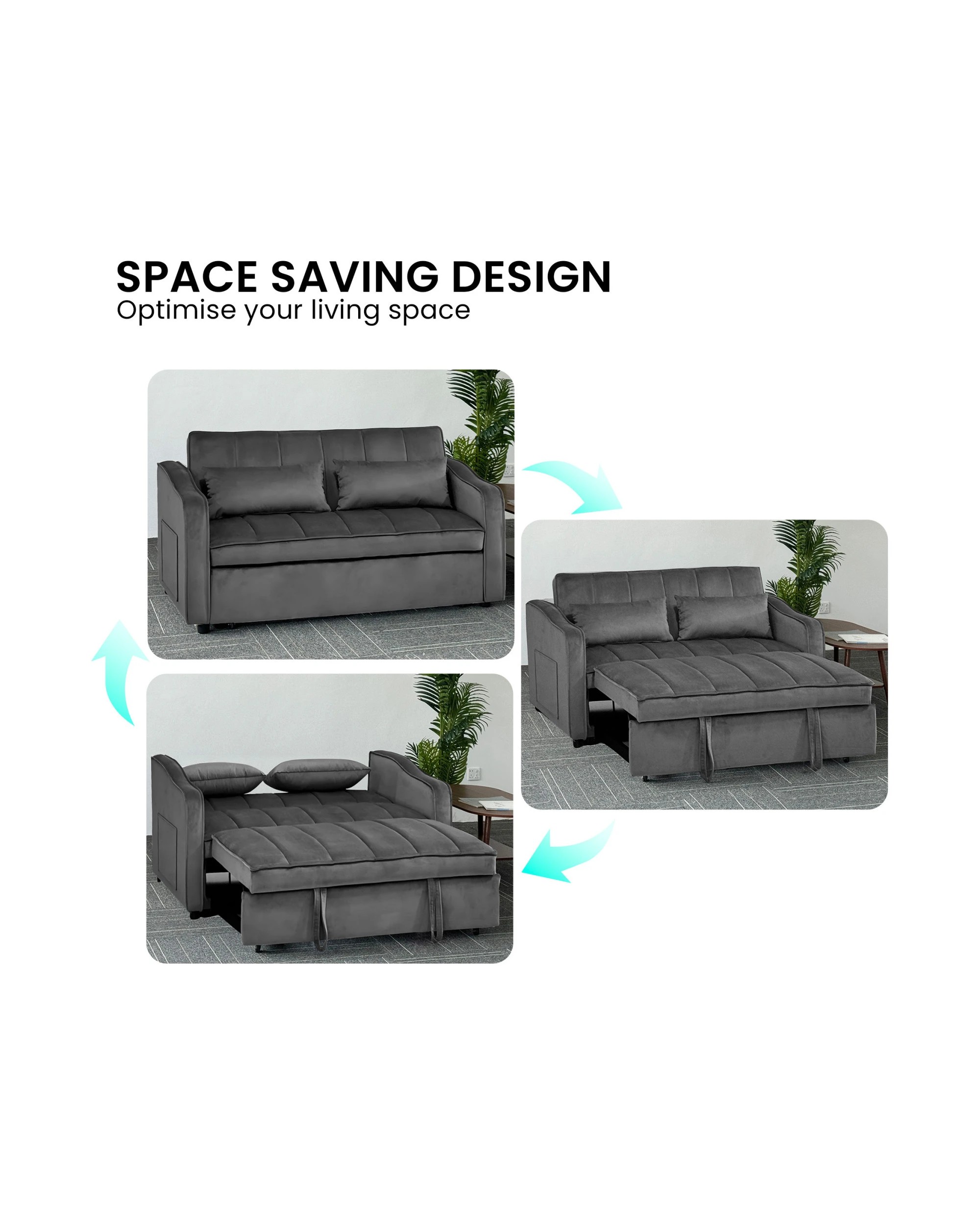 4 Sarantino Fenton Velvet 2-Seater Sofa Bed - Dark Grey, 4 of 9