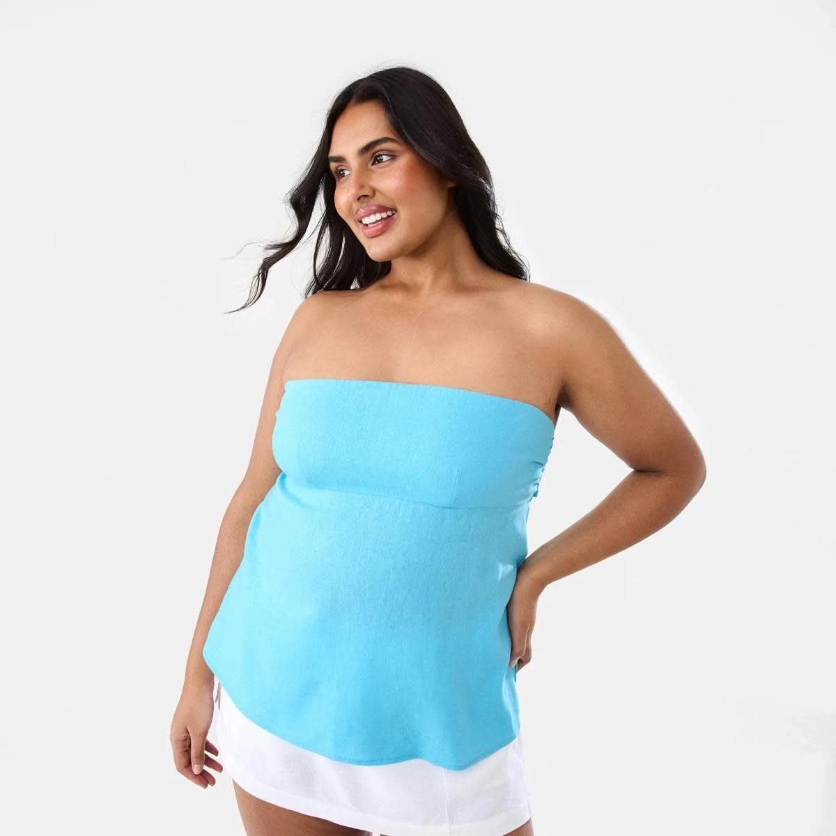 3 Strapless Tie Back Linen Blend Top BLUE TOPAZ, 3 of 9