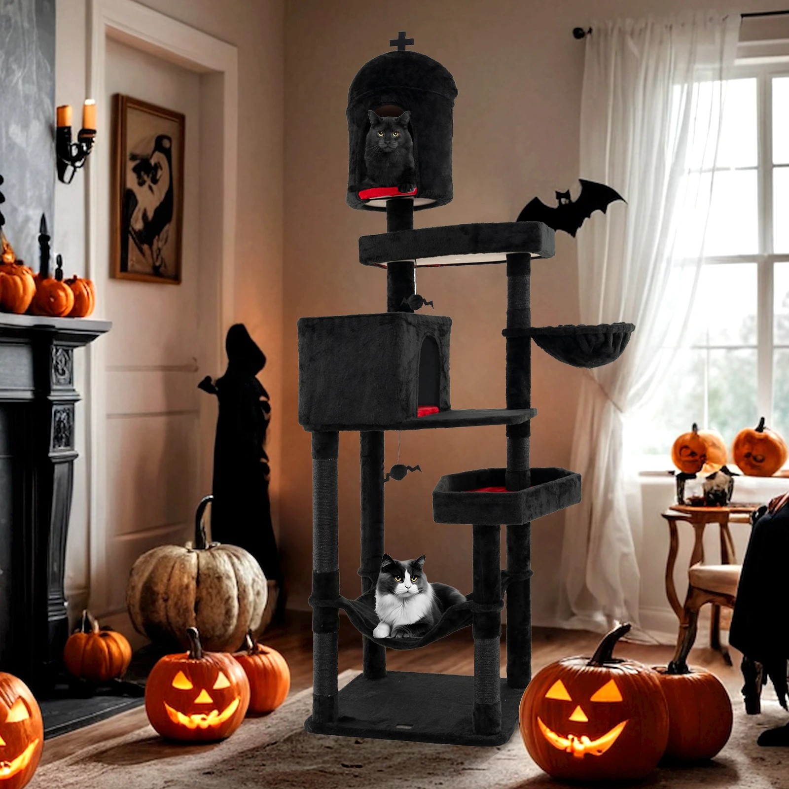 3 Costway Gothic Cat Tree Halloween Extra Large Cat Tower w/Spooky Dangling Balls, 3 of 5