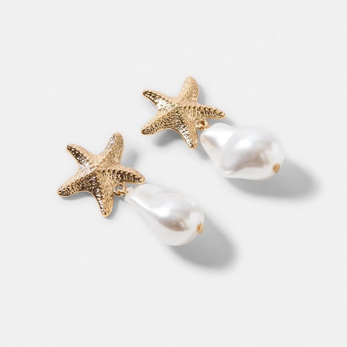 2 Starfish Faux Pearl Drop Earrings - Gold Tone GOLD METAL, 2 of 6