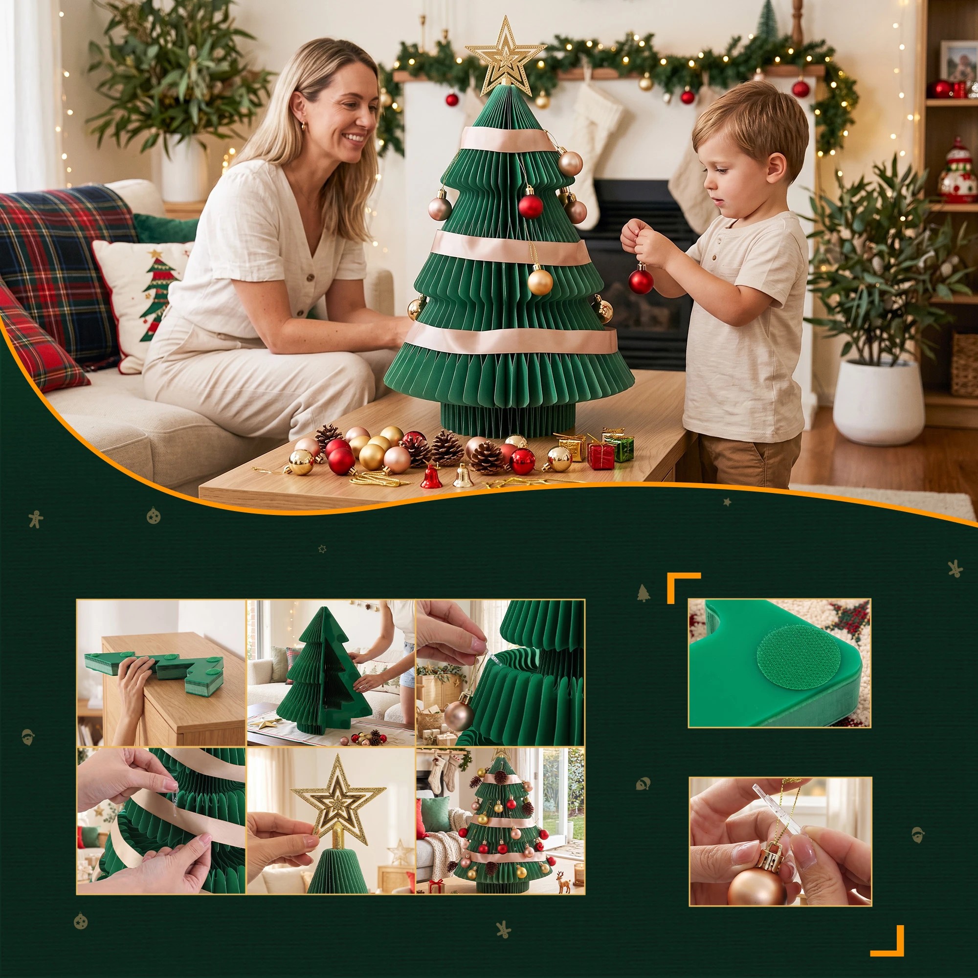 7 Jingle Jollys Paper Christmas Tree 61CM w/ Star Topper Foldable Xmas Holiday Decor Set - Green, 7 of 9