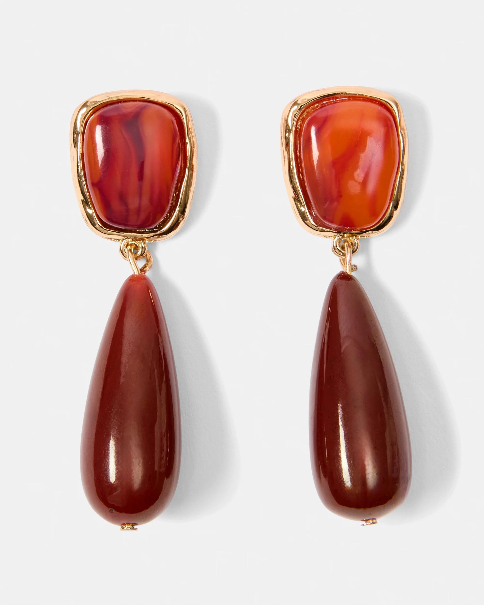 1 Stone Drop Earrings - Red and Gold Tone Red, 1 of 5