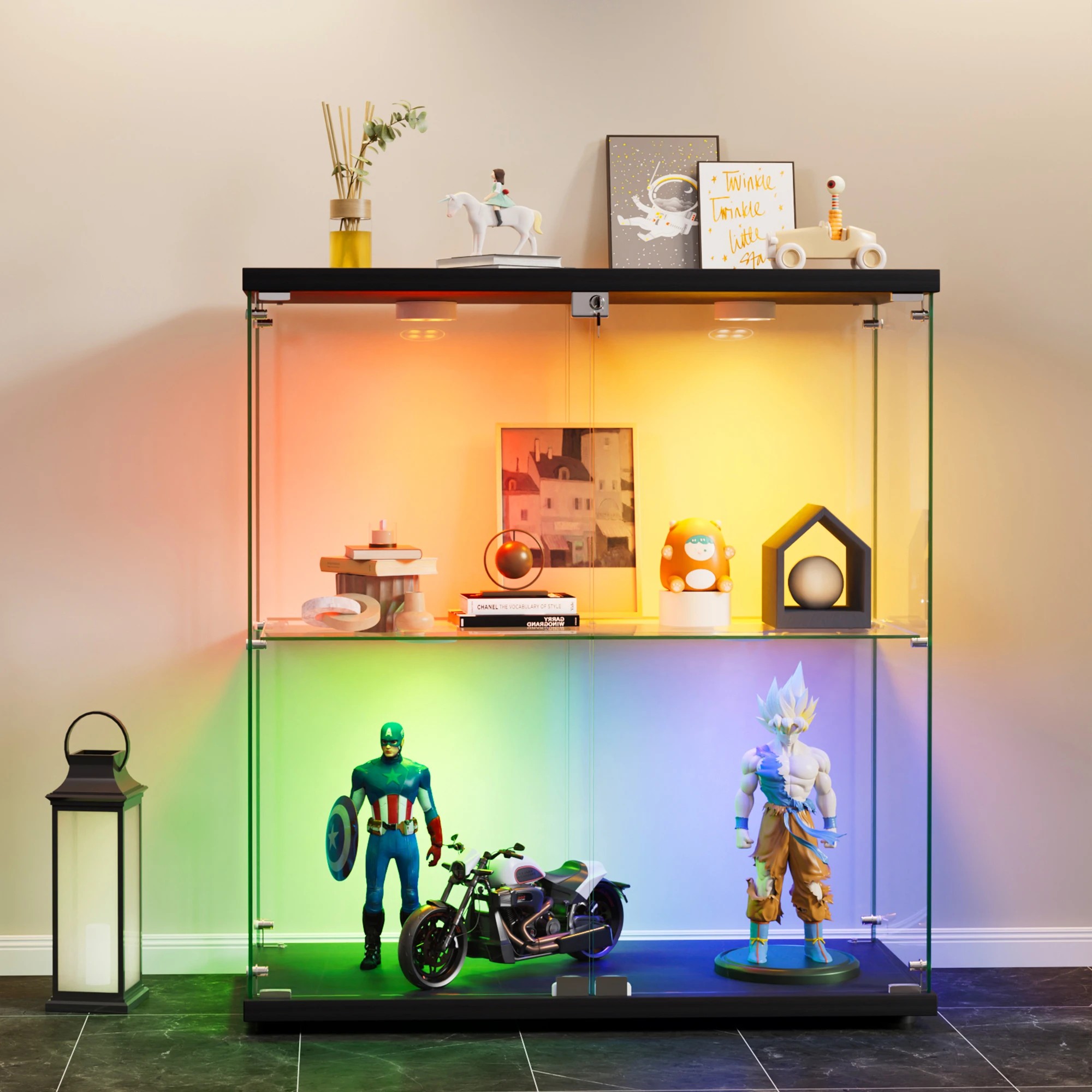 7 Stacked Tempered Glass Display Cabinet 3 RGB Lights Collections Lockable Storage, 7 of 9