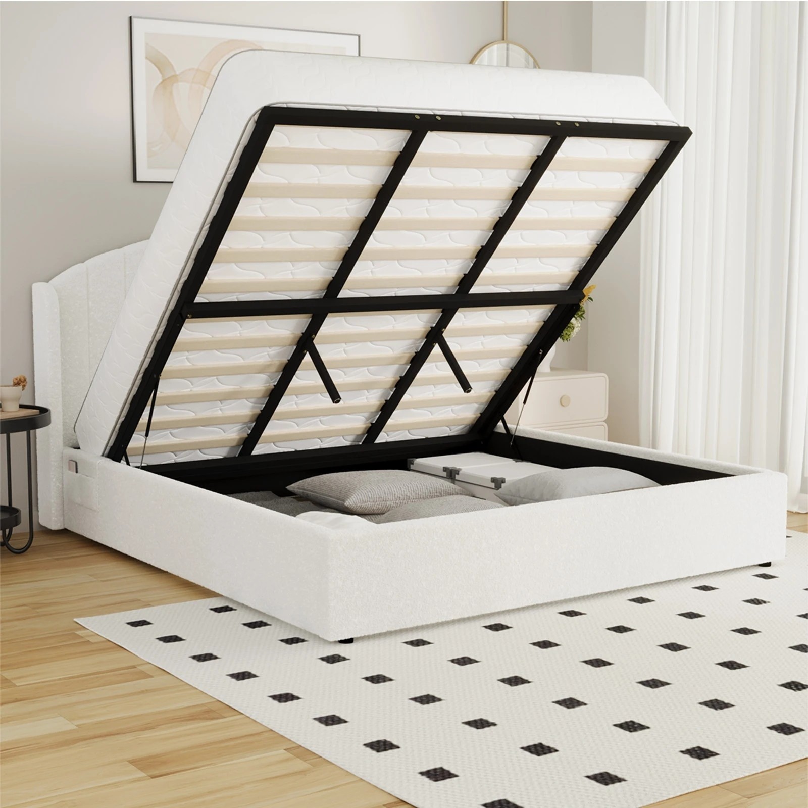 4 Oikiture Bed Frame King Size With Gas Lift Storage USB Charging Boucle - White, 4 of 8