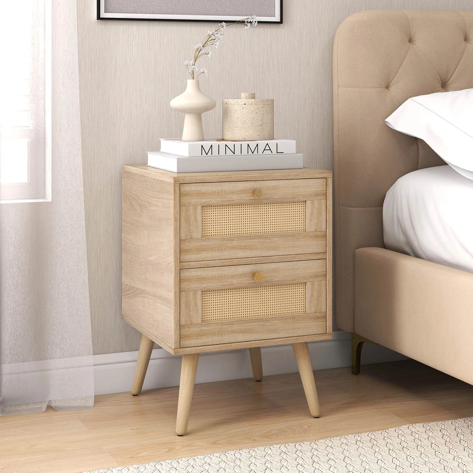 3 Costway Rattan Nightstand Set of 2 Boho Bedside Table w/Storage Drawers, 3 of 4