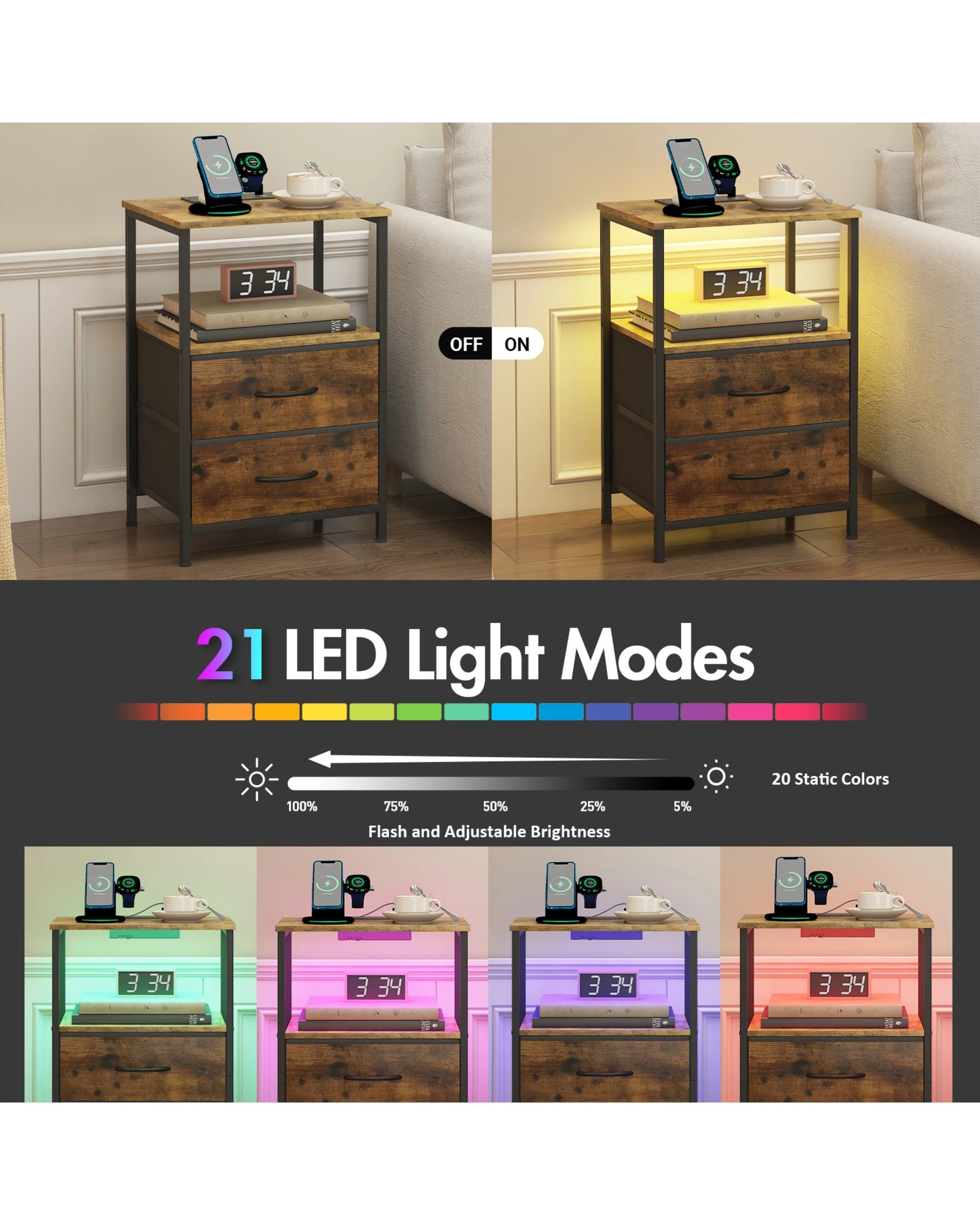 5 Advwin Led Bedside Table With Charging Station 2 Fabric Drawers Nightstand - Brown, 5 of 7