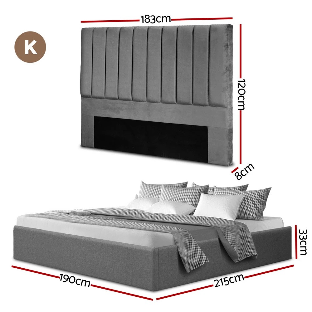 2 Artiss King Bed Frame with Storage  Velvet Headboard Gas Lift Platform Base - Grey, 2 of 6