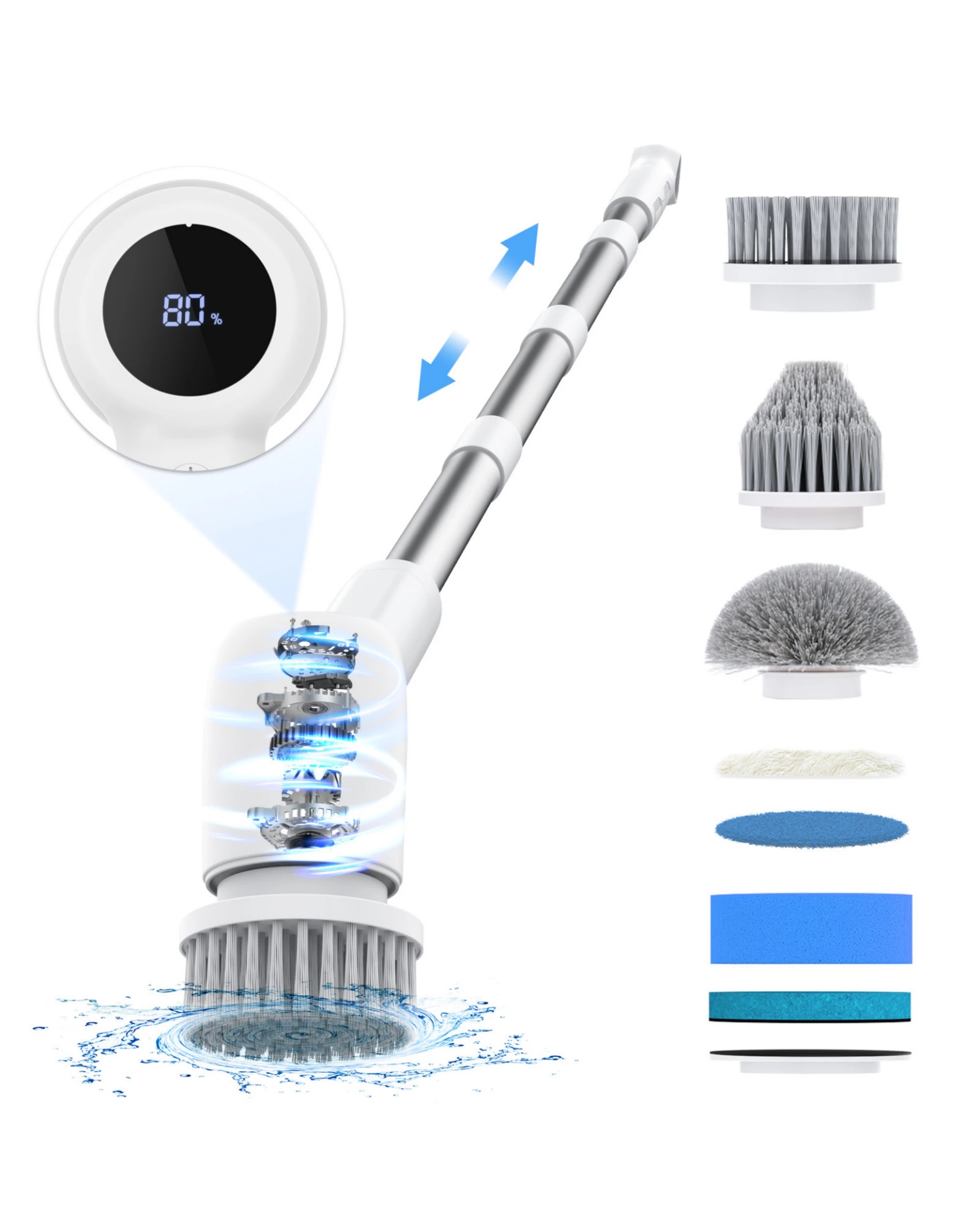 1 Yopower Electric Spin Scrubber Adj. Length with 7 Replaceable Brush - White, 1 of 5