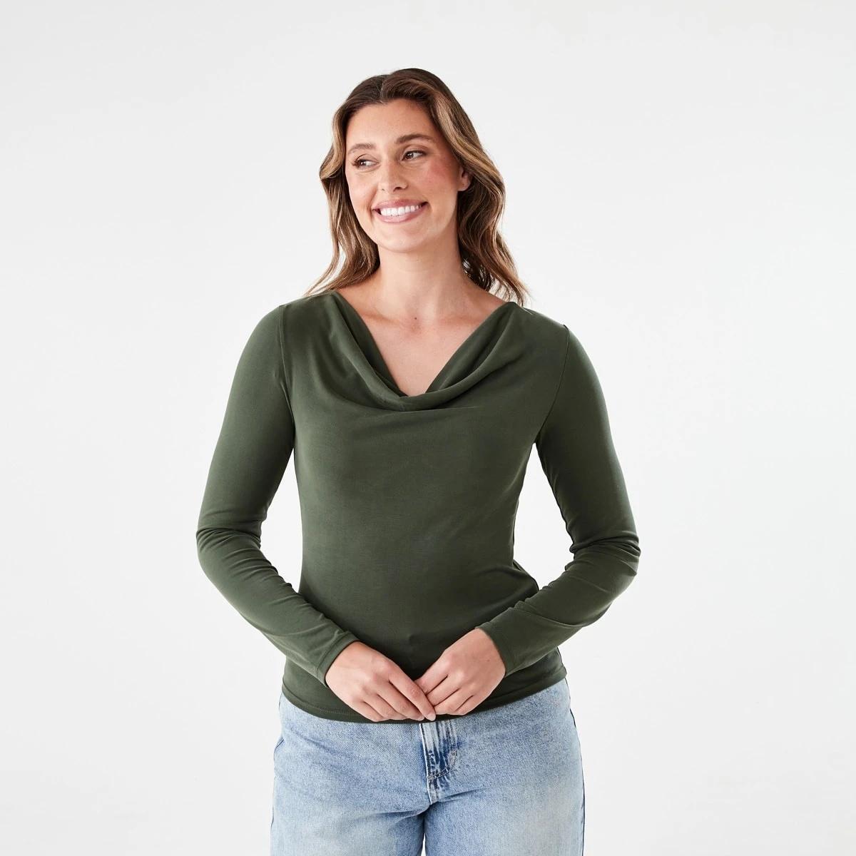 2 Long Sleeve Drape Cowl Neck Top OLIVE LEAF, 2 of 6