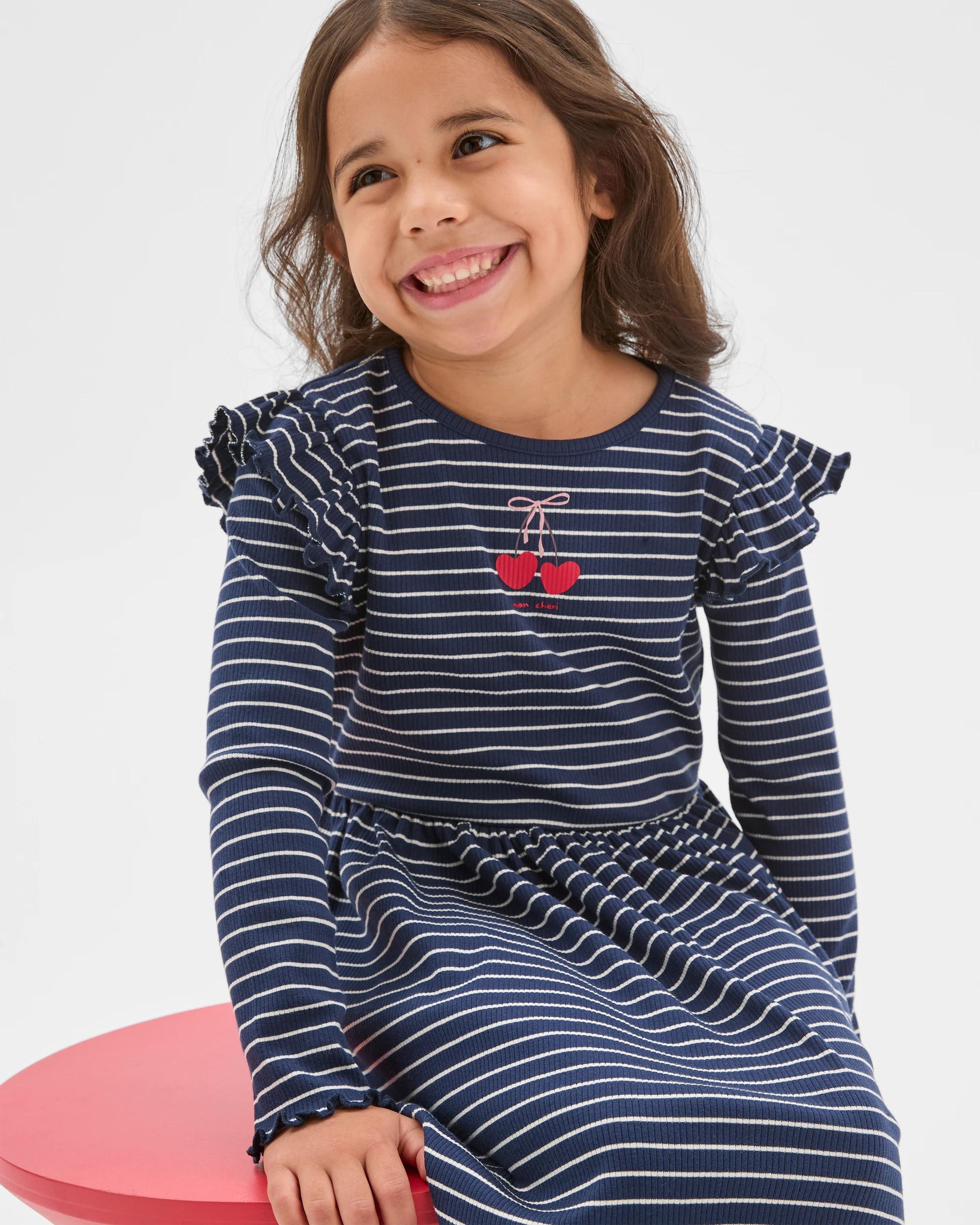 2 Target Kids Australian Cotton Long Flutter Sleeve Core Dress NAVY + WHITE, 2 of 6