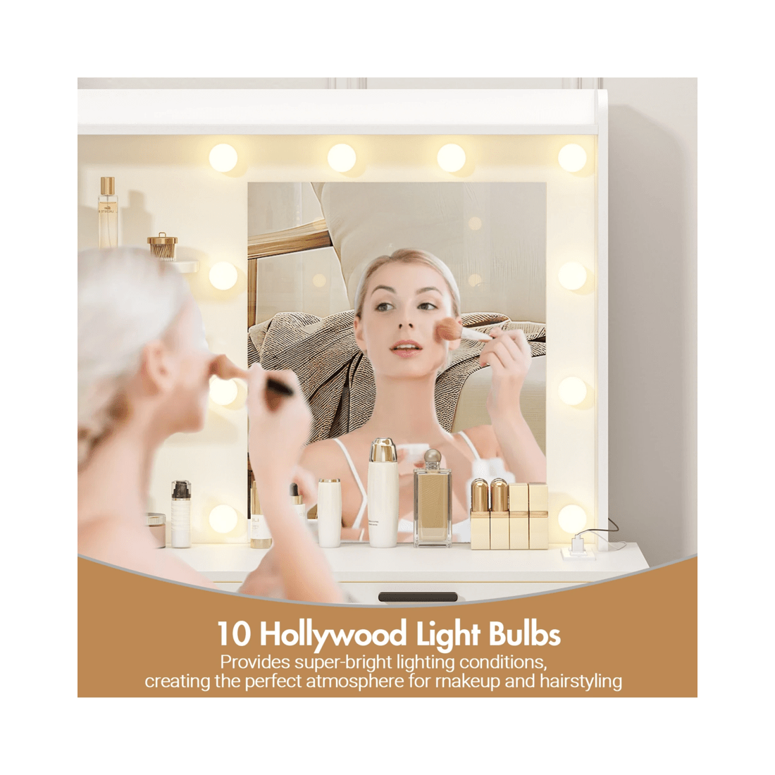 5 Advwin Dressing Table Stool Set With Mirror 10 Led Bulbs Vanity Desk
 - White, 5 of 10