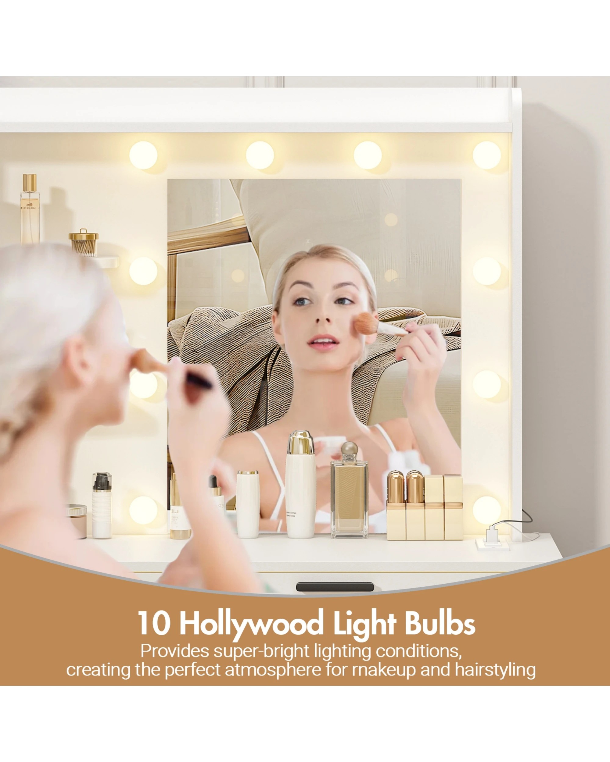 5 Advwin Dressing Table Stool Set With Mirror 10 Led Bulbs Vanity Desk
 - White, 5 of 9