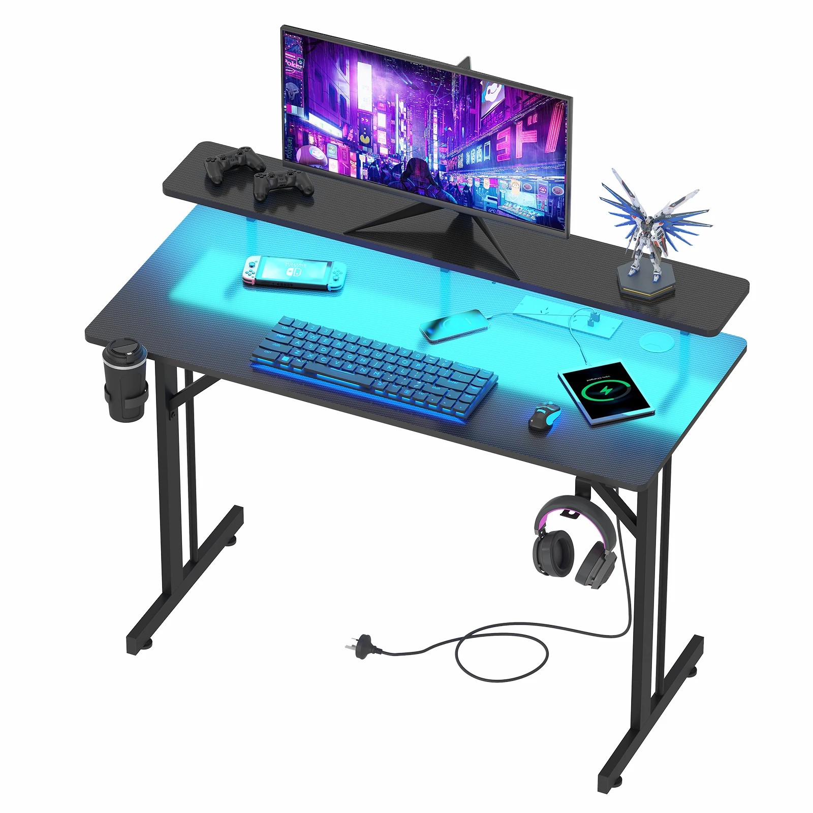 1 Advwin Gaming Desk With Led Lights & Power Outlets 100cm Computer Desk With Monitor Stand, 1 of 9