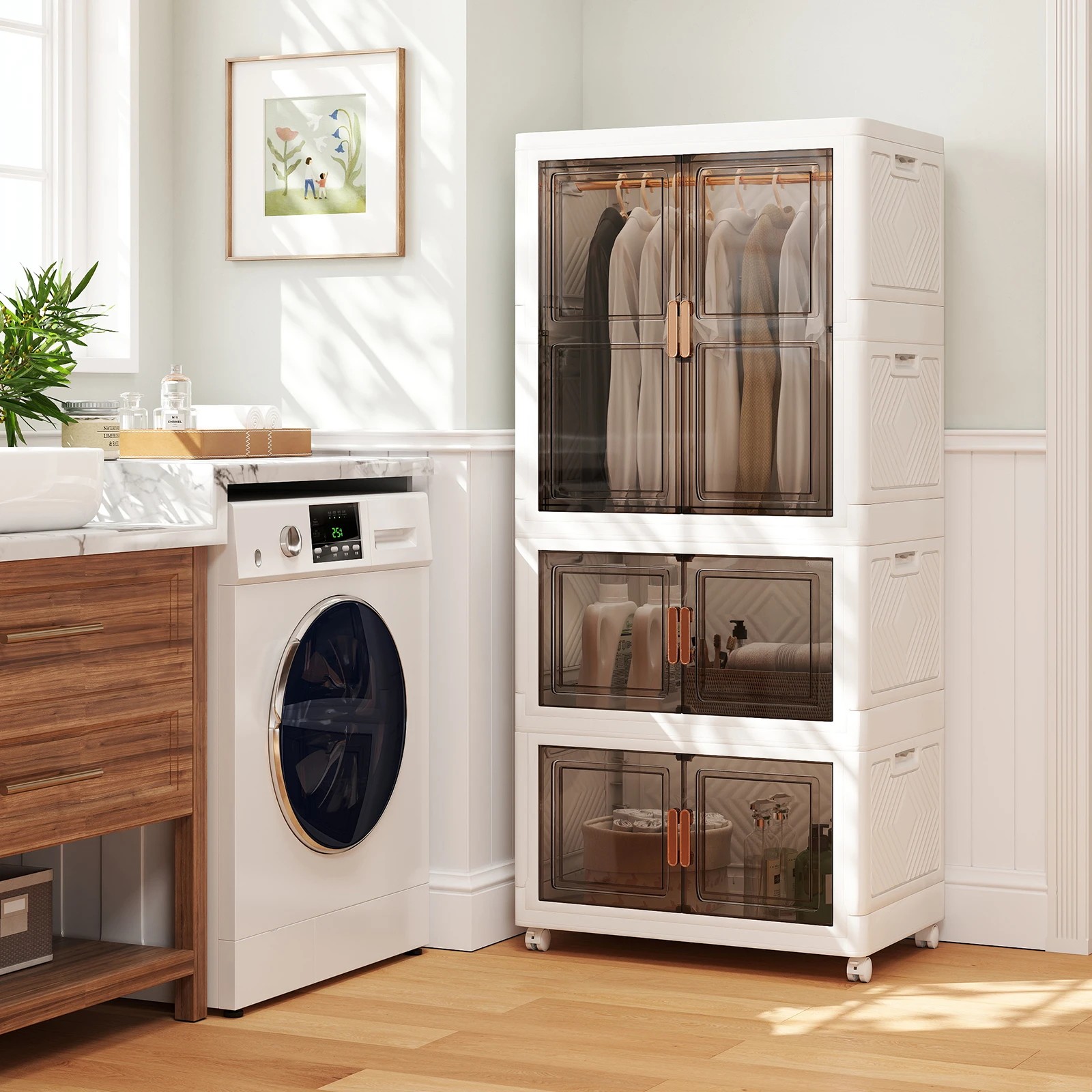 3 Costway 420L Storage Bins Plastic Wardrobe Closet w/Wheels Collapsible Storage Container - White, 3 of 5