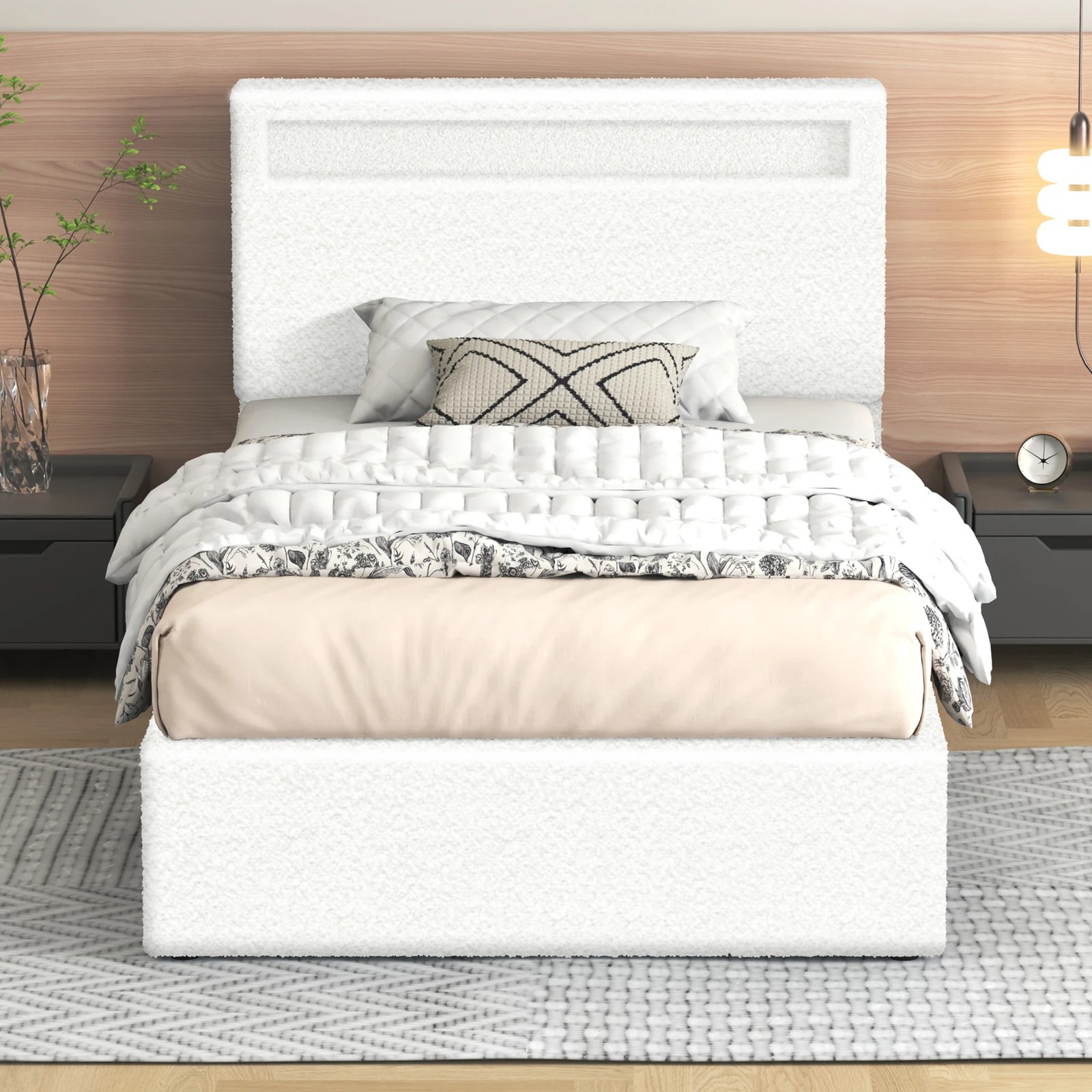 3 Alfordson Bed Frame King Single RGB LED Gas Lift Storage Base Boucle Luchino - White, 3 of 10