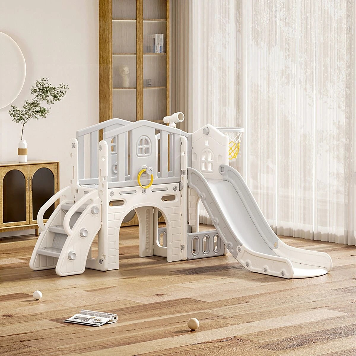 2 Kidbot 7 in 1 Kids Slide Set Ladder Basketball Hoop Playground, 2 of 4