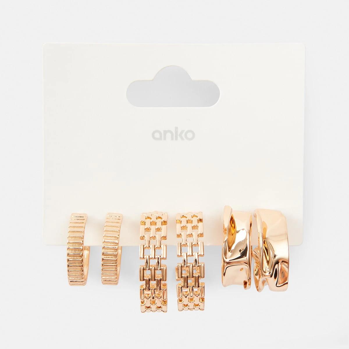 1 3 Pack Molten Ribbed and Chain Hoop Earrings - Gold Tone Gold, 1 of 5