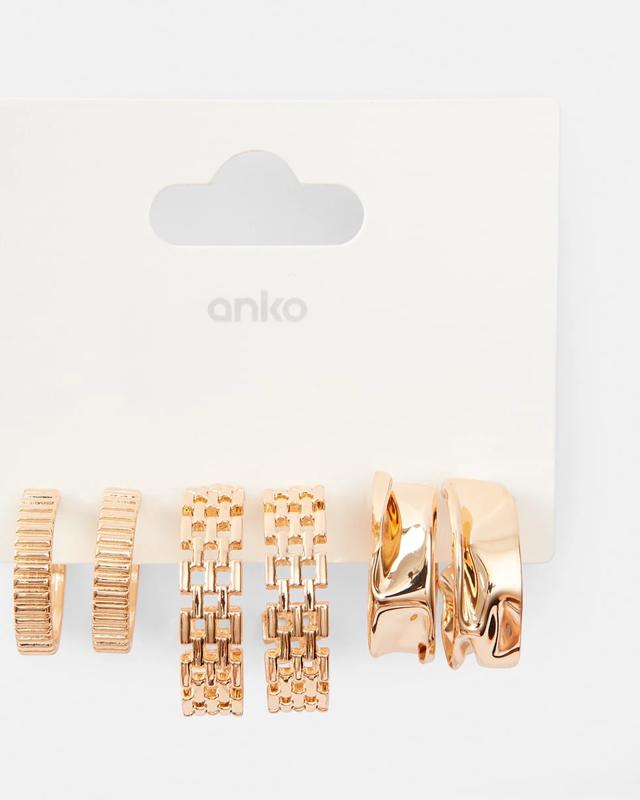 3 Pack Molten Ribbed and Chain Hoop Earrings - Gold 