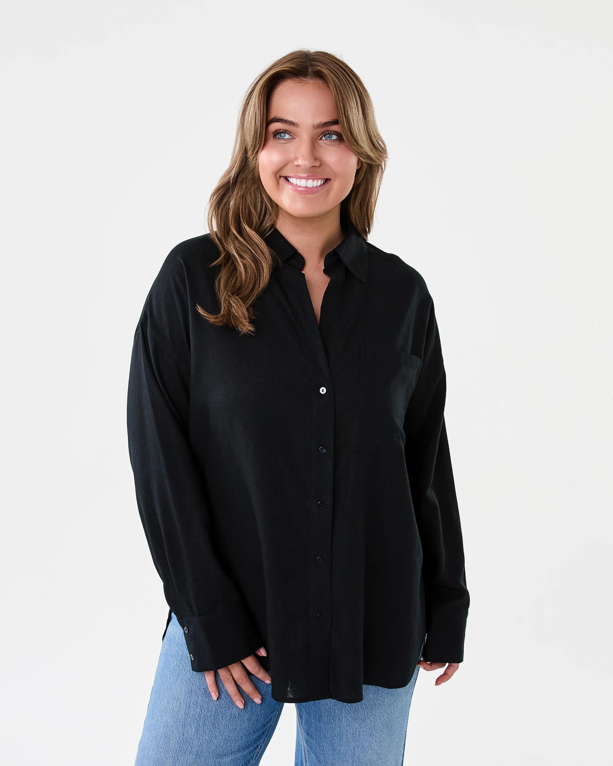 1 Long Sleeve Oversized Linen Blend Shirt Black, 1 of 8