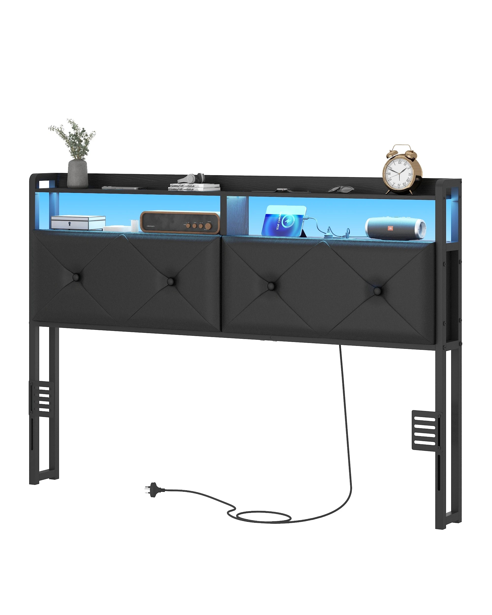 3 Advwin Double Size Headboard with LED Light Charging Station Hidden Storage PU Upholstered - Black, 3 of 8