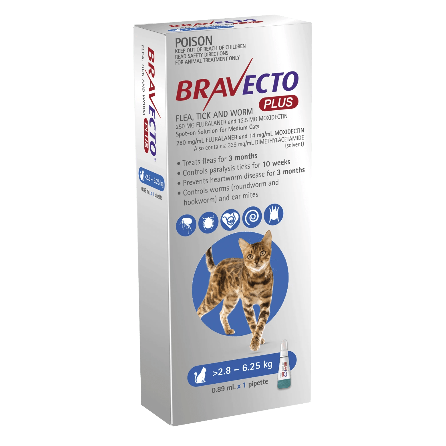 1 Bravecto Plus Spot On For Medium Cats 2.8 - 6.25kg - 1 Pack, 1 of 2