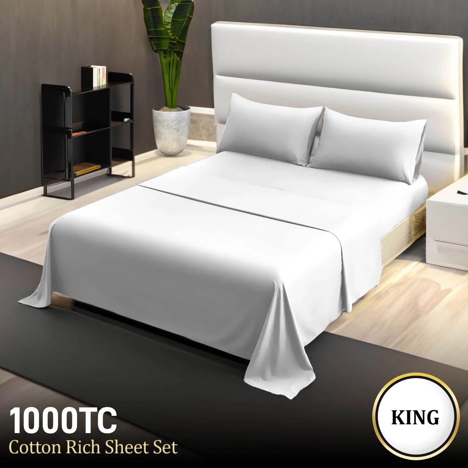 8 4pc 1000 Thread Count Cotton Rich King Bed Sheet Gift Pack Cvc Microfibre Blend In White
 - King Bed, 8 of 8