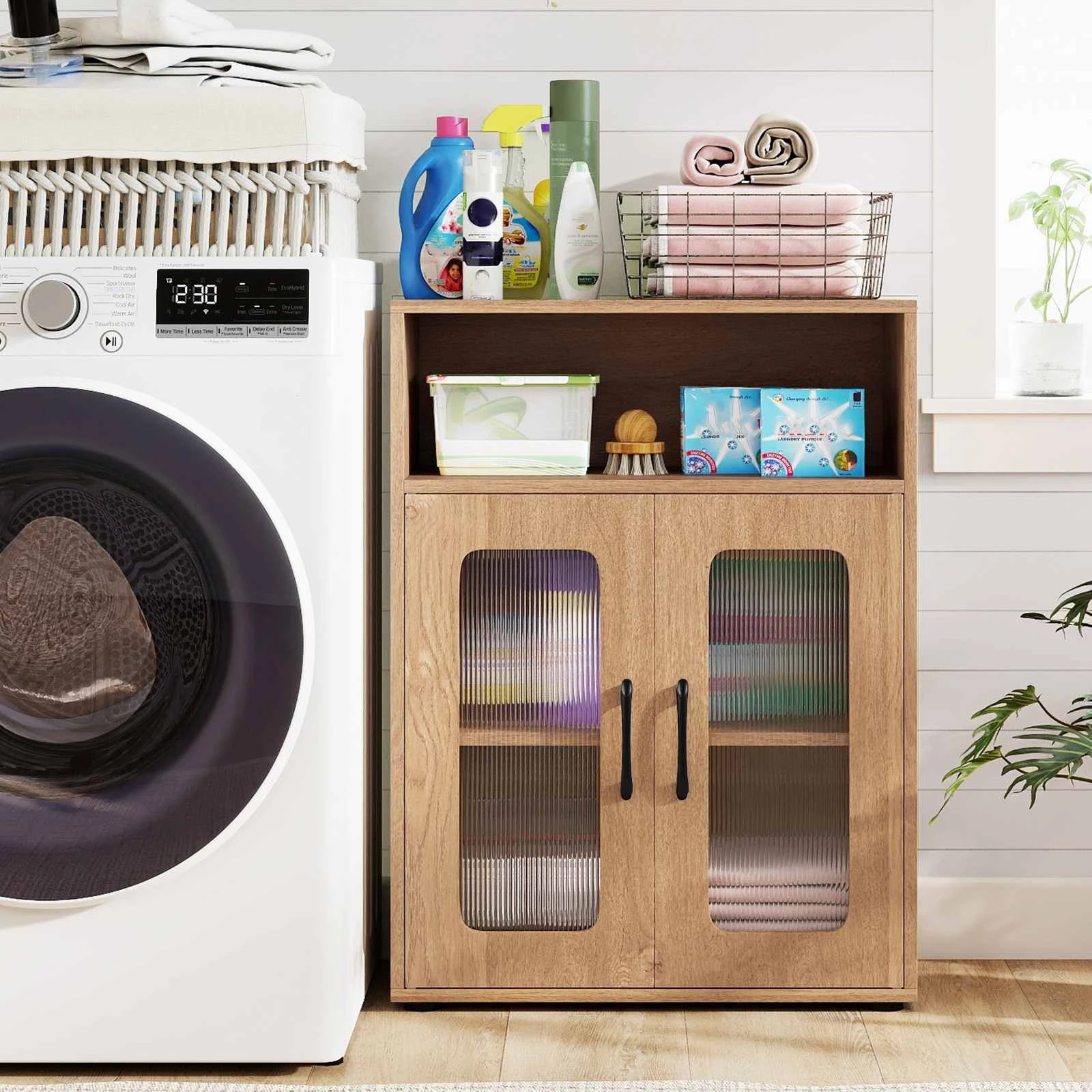 2 Costway 83cm Bathroom Storage Cabinet w/2 See-through Doors Freestanding Organizer Unit, 2 of 5