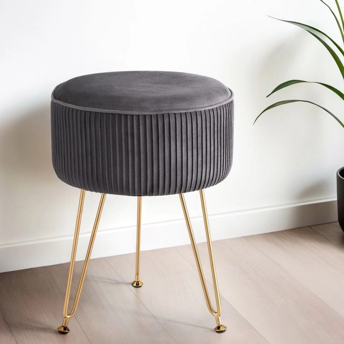 3 Artiss Ottoman Foot Stool Vanity Velvet Round - Grey, 3 of 5