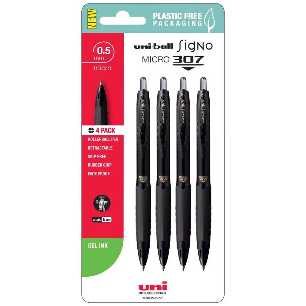 1 Uni-Ball Signo 307 Micro Retractable Gel Pen Black 4 Pack, 1 of 2