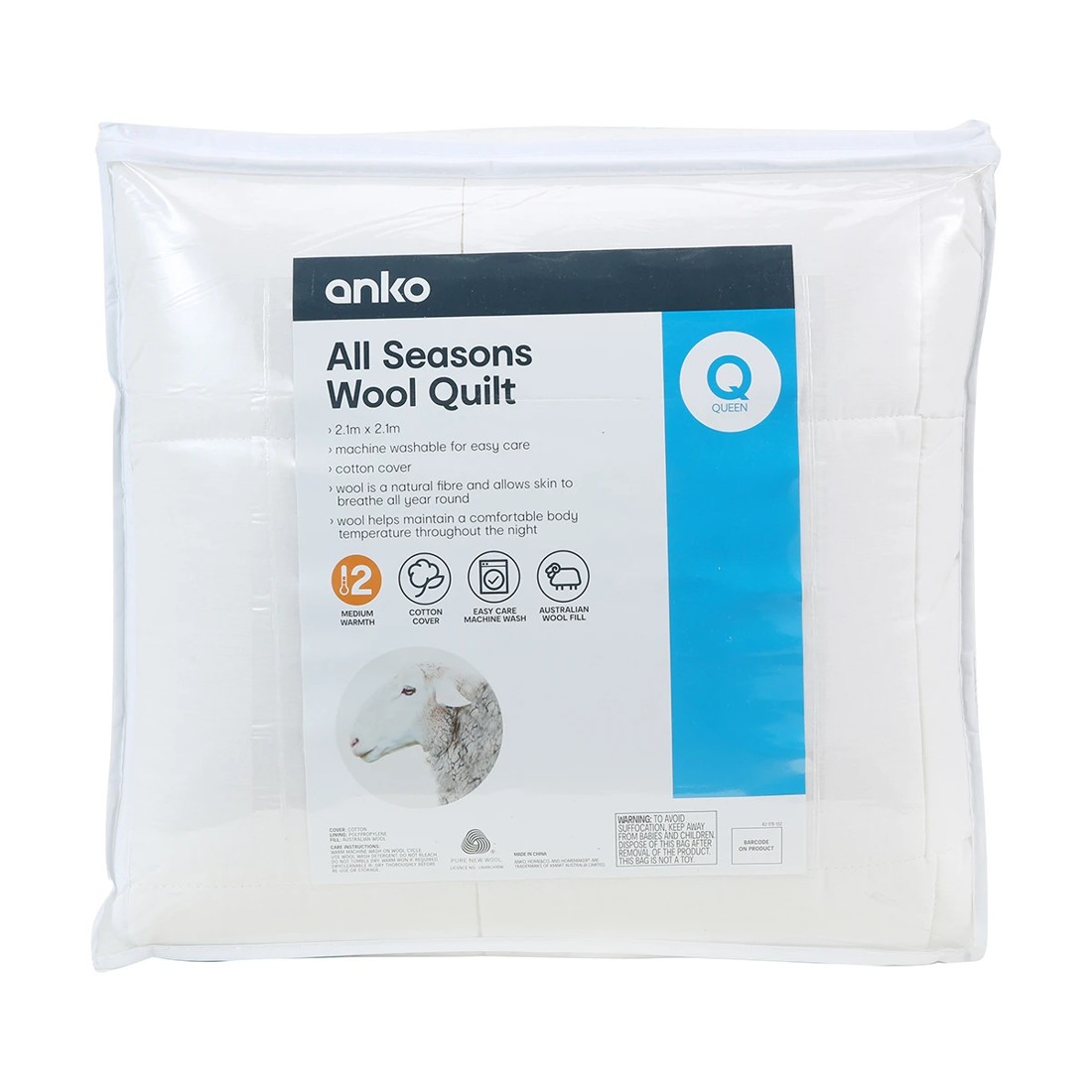 1 Medium Warmth All Seasons Wool Quilt - Queen Bed, White, 1 of 4