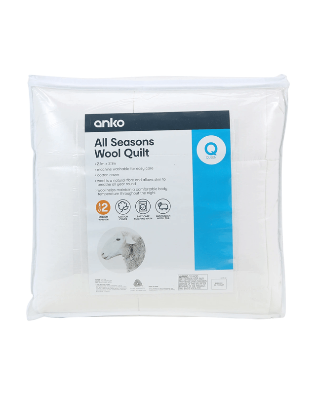 Medium Warmth All Seasons Wool Quilt - Queen Bed, W